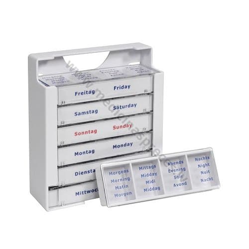 Tablešu organizators nedēļai ar sadalījumu pa laikiem.