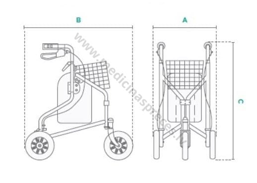 Rollators ar tērauda rāmi un  trīs riteņiem.