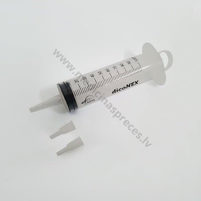 Šļirce skalošanai,100 ml, 3 komponentu, 2 luer adapteri, sterila.