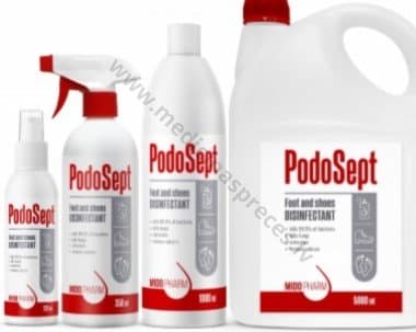 PodoSept spirtu saturošs dezinficējošs līdzeklis efektīvai pēdu un apavu dezinfekcijai.