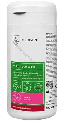 Velox Duo Wipes spirtu saturošas salvetes medicīnisko ierīču un virsmu tīrīšanai un dezinfekcijai. Iepakojumā 100 salvetes.