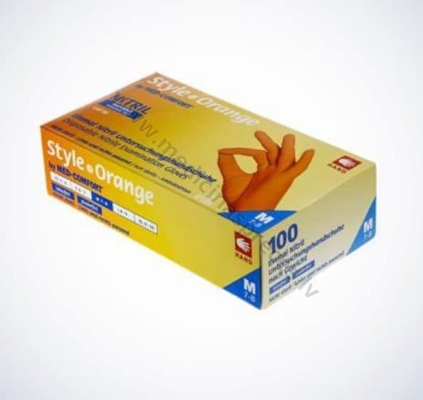 Style Orange oranži nitrila cimdi, nepūderēti, nesterili. Iepakojumā 100 gabali.