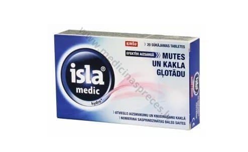 ISLA Medic Hydro +, ar ķiršu garšu. Iepakojumā 20 sūkājamas tabletes.