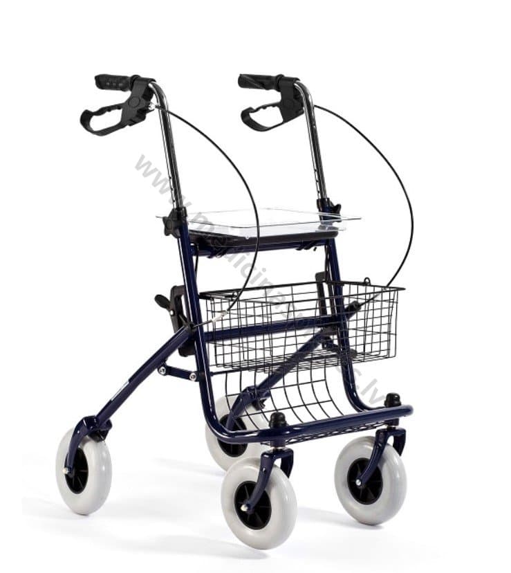 Rollators ar tērauda rāmi un četriem riteņiem.