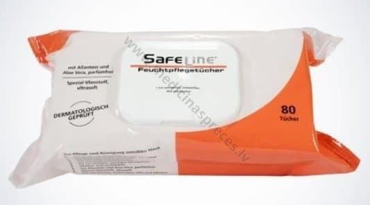 SafeLine mitrās salvetes ar plastmasas vāciņu. Iepakojumā 80 salvetes.