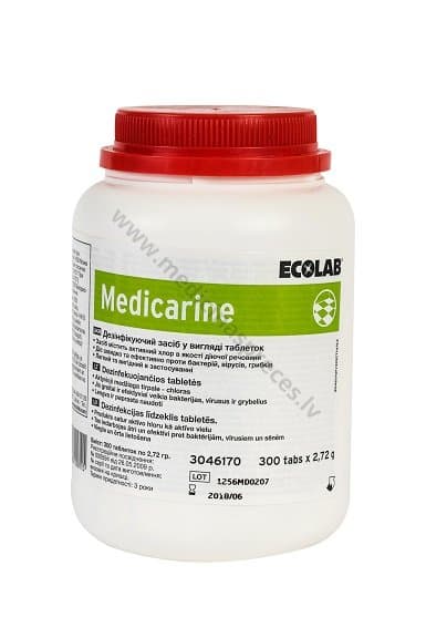 Medicarine, hloru saturošs produkts virsmu un instrumentu, un citu priekšmetu dezinfekcijai. Iepakojumā 300 tabletes.