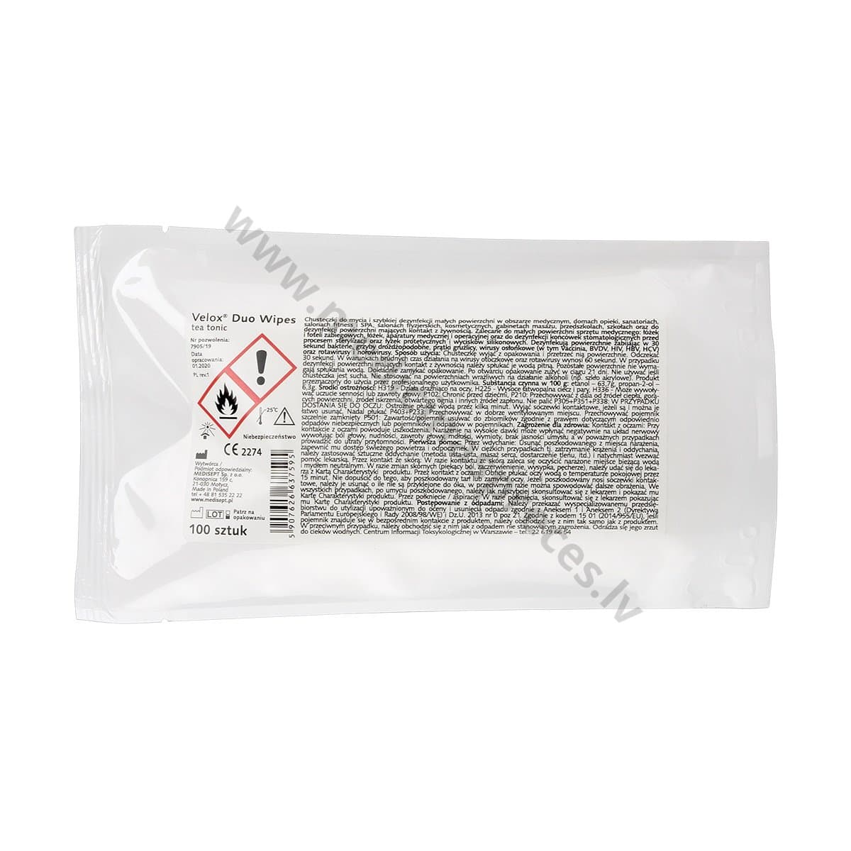 Velox Duo Wipes tea tonic spirtu saturošas salvetes medicīnisko ierīču un virsmu tīrīšanai un dezinfekcijai. Rezerves iepakojumā 100 salvetes.
