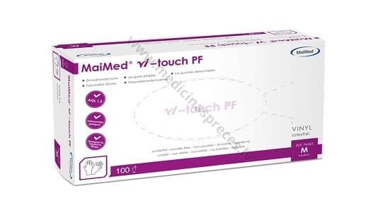 MaiMed vi–touch PF vinila cimdi, nepūderēti, nesterili. Iepakojumā 100 gab.