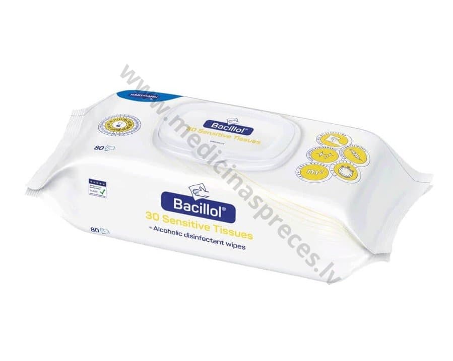 Bacillol 30 Sensitive Tissues salvetes jutīgu materiālu virsmu dezinfekcijai. Iepakojumā 80 salvetes.