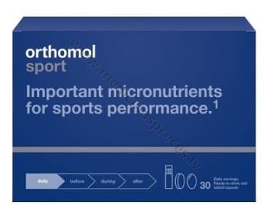 Orthomol Sport. Iepakojumā 30 dienas devas. Vienas dienas deva satur vienu 20 ml flakonu, 1 tableti un 1 kapsulu.