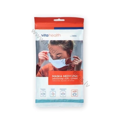 Vitahealth medicīniskā sejas maska ar ausu gumijām, 3 kārtas, neausta materiāla, balta, nesterila. Iepakojumā 10 maskas.