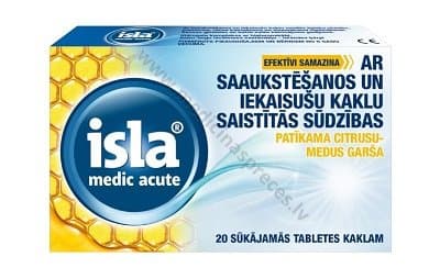 ISLA Medic Acute tabletes ar citrusu-medus garšu. Iepakojumā 20 sūkājamās tabletes