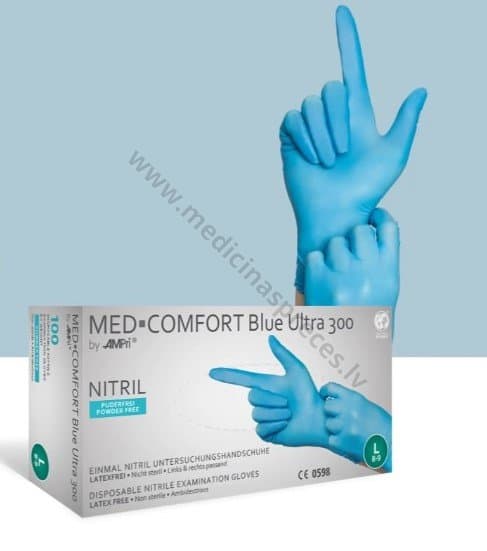 Med-Comfort Ultra 300 zili nitrila cimdi pagarināti, nepūderēti, nesterili. Iepakojumā 100 gabali.