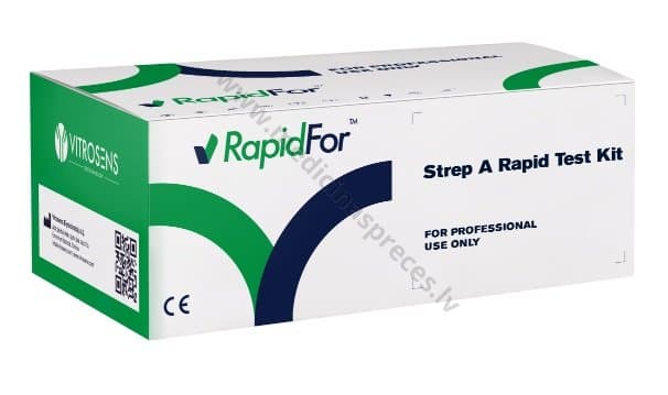 Strep A Rapid Test Kit (A grupas Streptokoka eksprestests). Iepakojumā 25 testa kasetes.