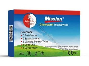 MISSION Cholesterol 3 in 1 teststrēmeles. Iepakojumā 5 gabali