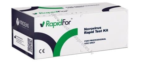 Norovirus Rapid Test Kit (ātrai Norovīrusa antigēna noteikšanai fekālajos paraugos). Iepakojumā 20 testa kasetes.